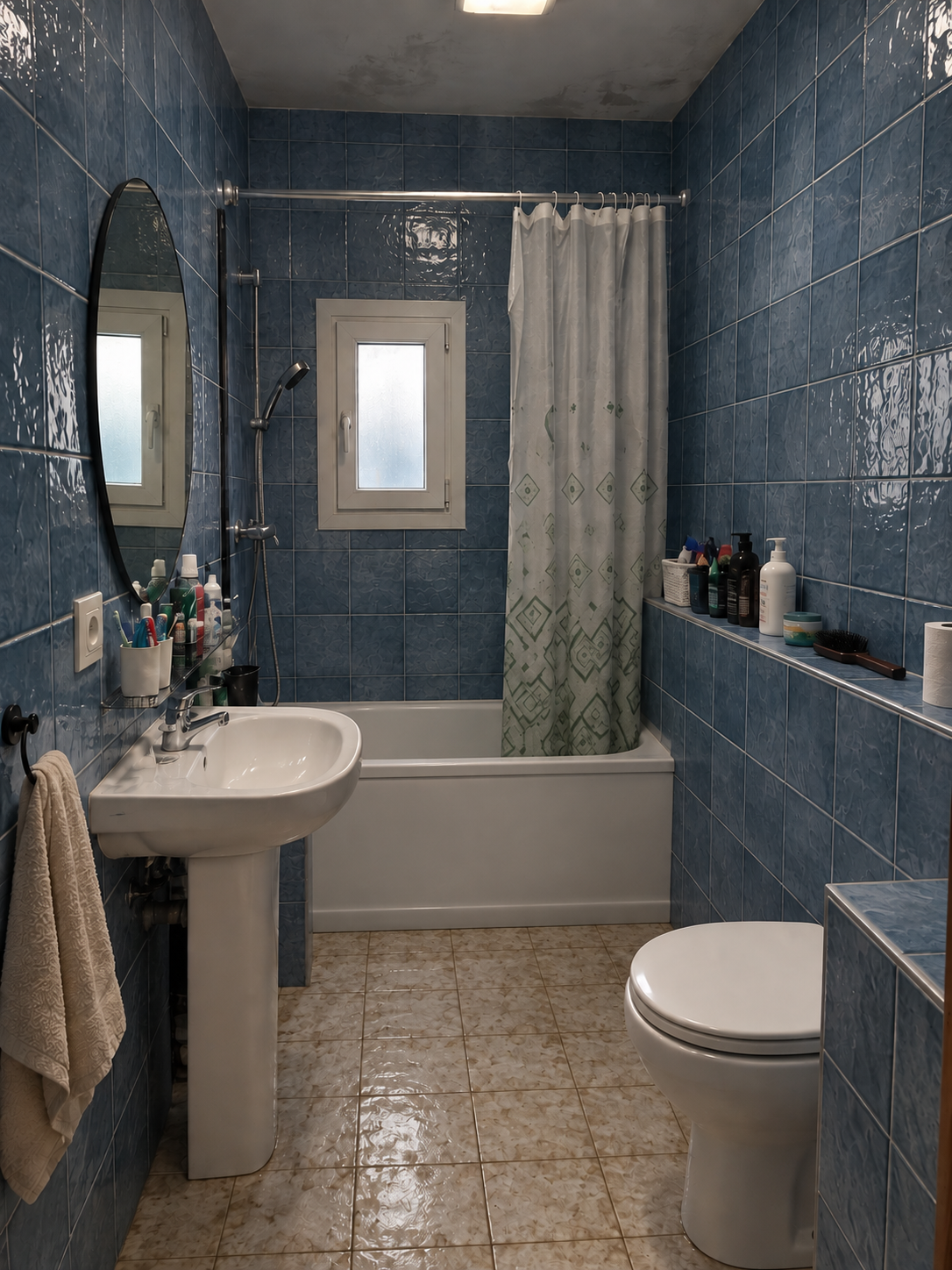 Baño de Cornellà con bañera y azulejos azules antes de la reforma