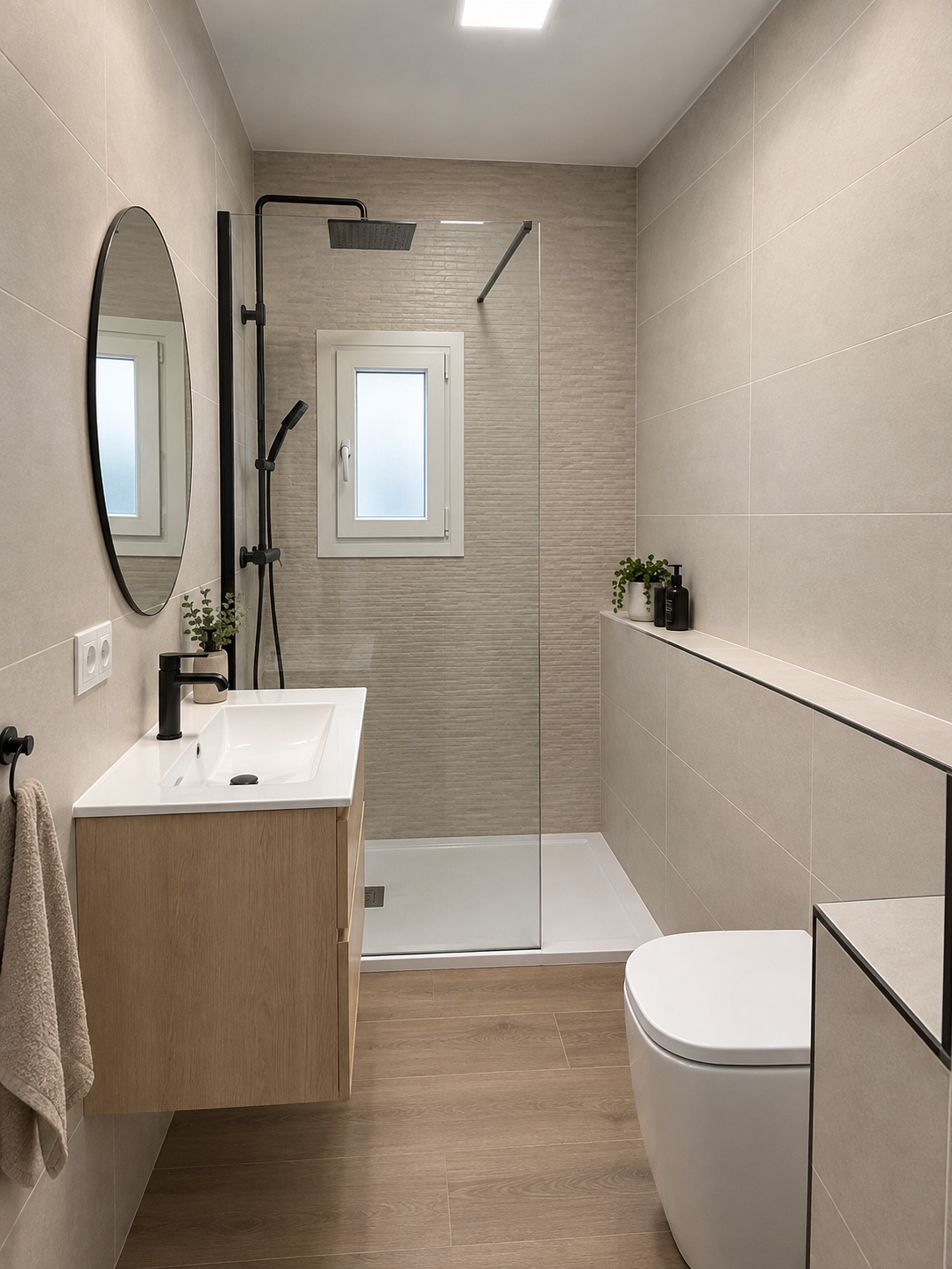 Baño completo en Cornellà, después de la reforma, con tonos neutros y madera